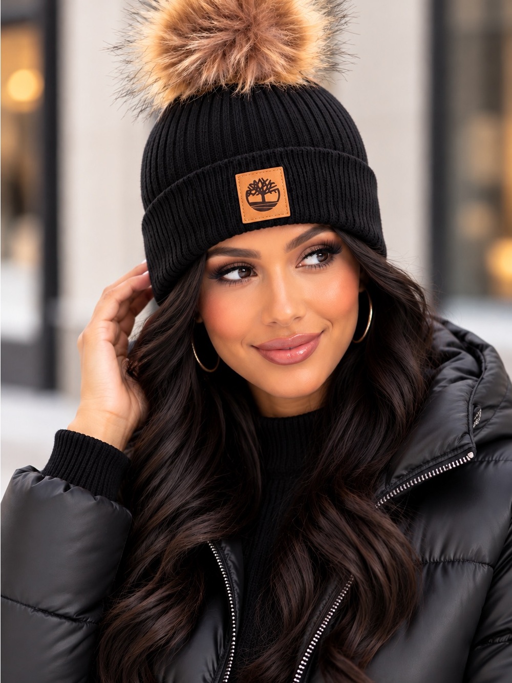 Timberland  Black and Pink Beanies - black with faux fur Pom